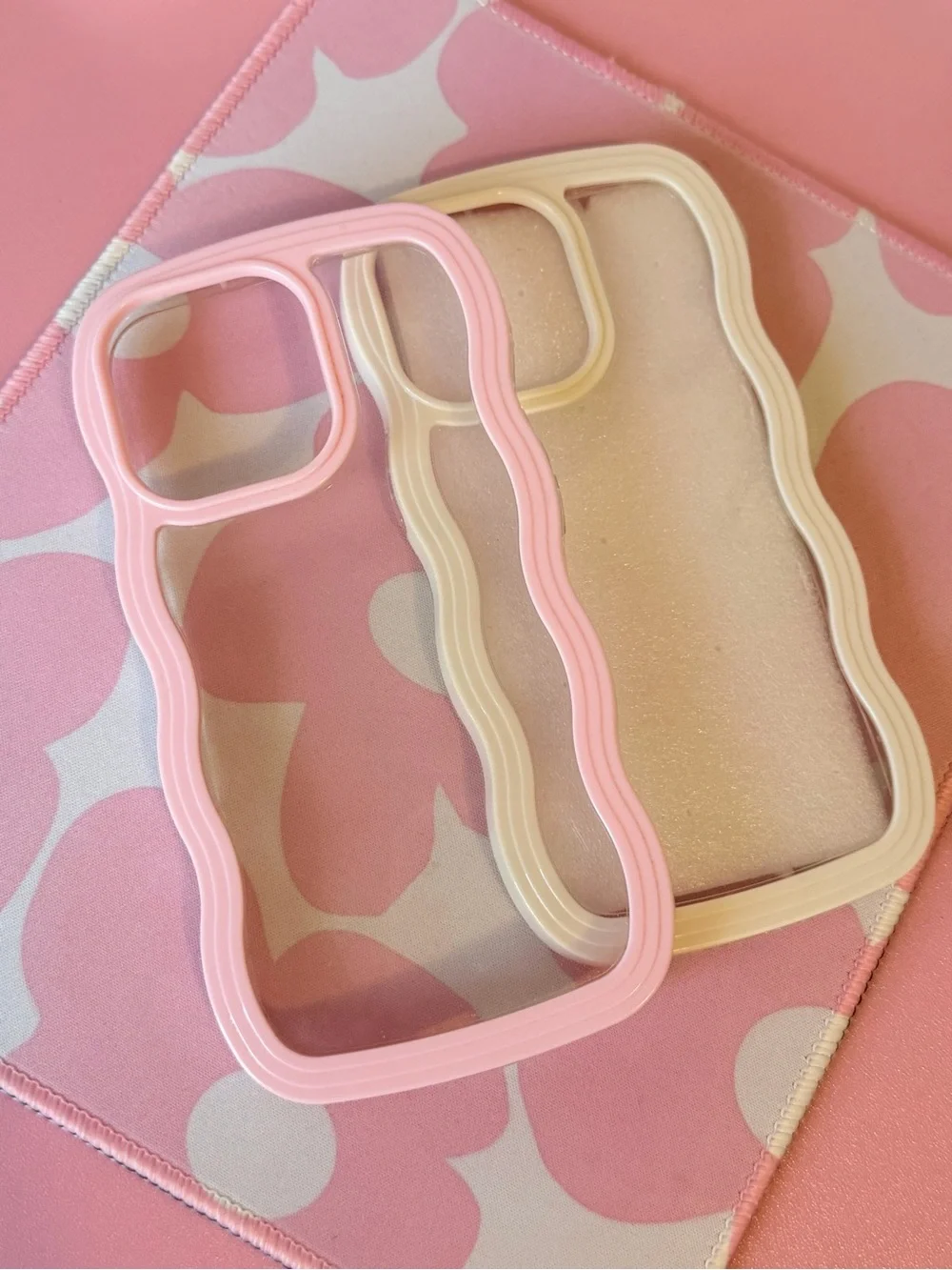 iPhone 13 Pro- Set of 2 Pink & Cream Wavy Edge Clear Phone Cases